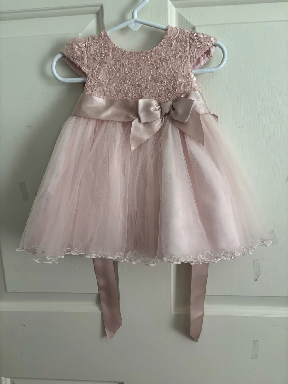 Bonnie Baby Pale Pink Lace & Tulle Party Dress with Bow Sash